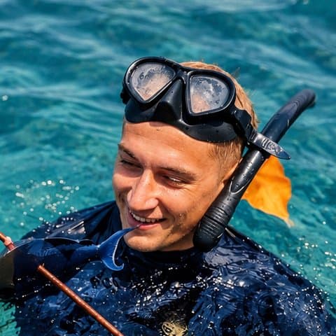 The author, smiling in the sea after a dive.