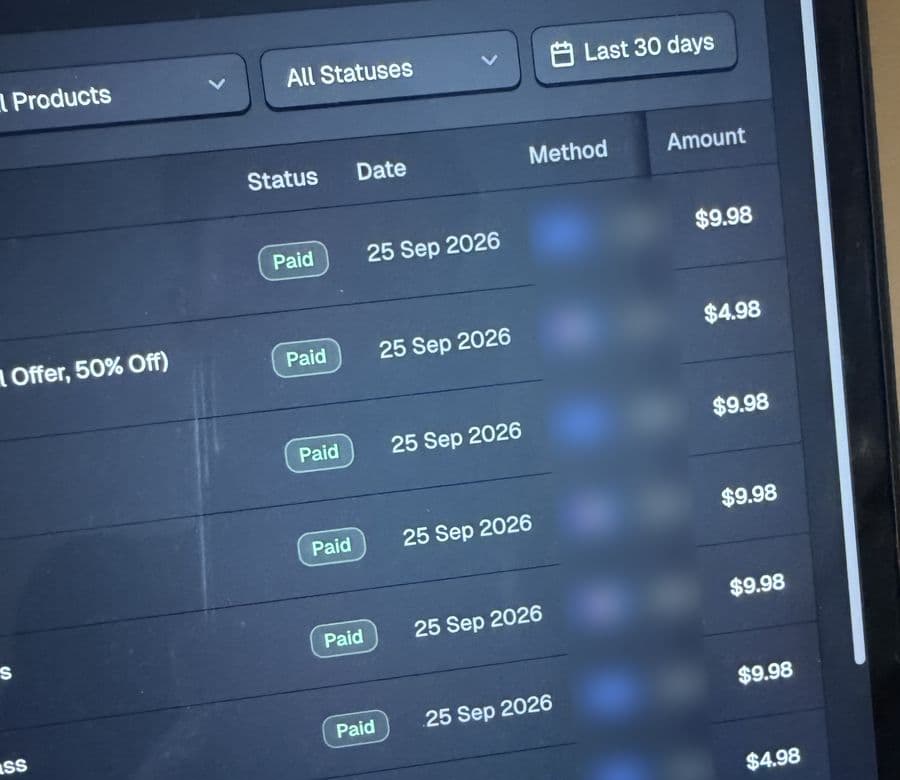 Payments dashboard listing paid orders, all dated 25 September 2026.