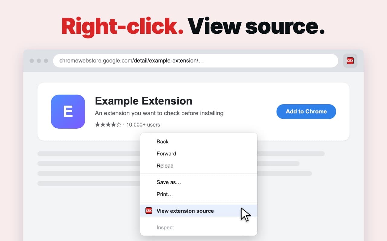 Right-clicking a Chrome Web Store listing shows a View extension source item.