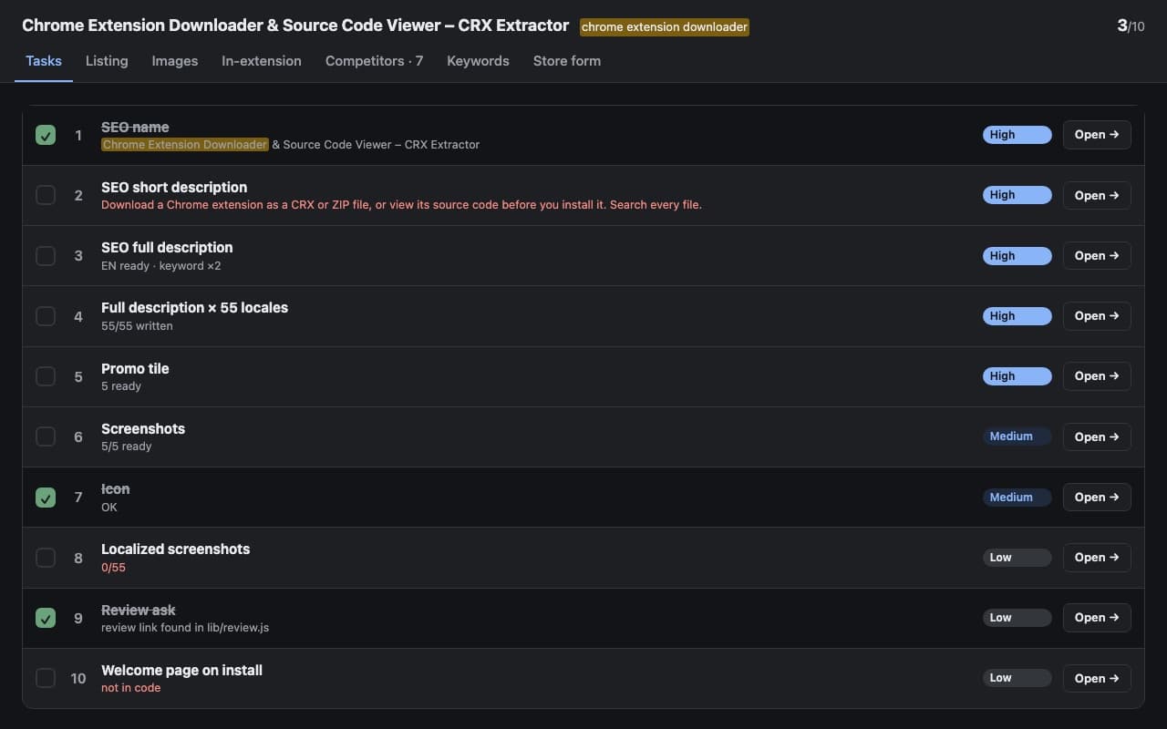 The skill's dashboard: ten growth steps, from SEO name to welcome page, each with its impact and status.